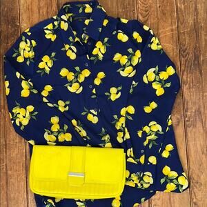 Banana Republic women’s top blouse Blue Lemon Print long sleeve size medium